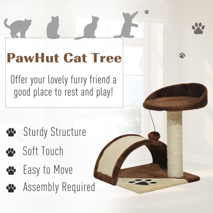 PawHut Cozy Cat Tree with Sisal Scratching Posts – Brown Multi-Level Cat Tower with Curved Board & Teasing Ball
