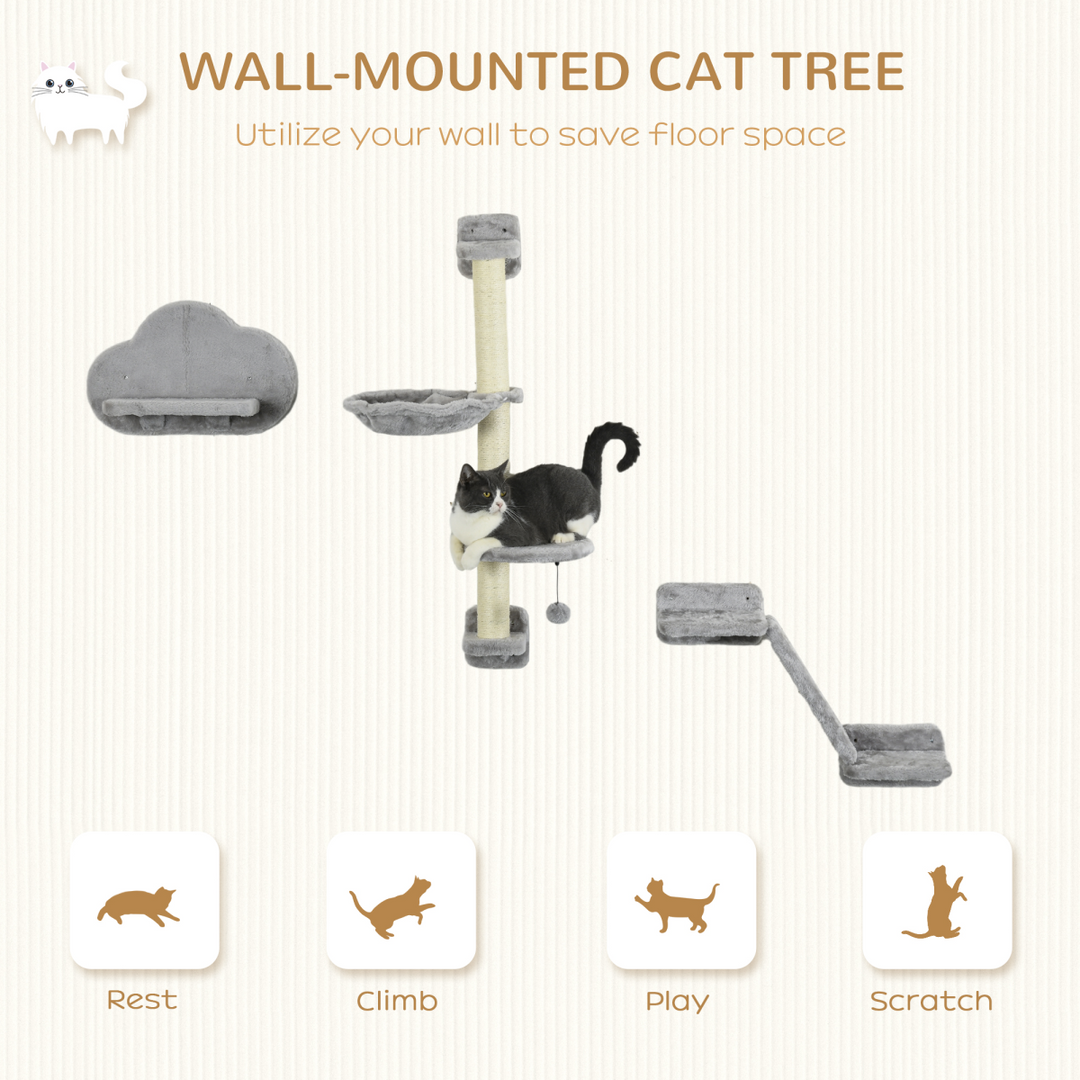 PawHut 4-Piece Grey Wall-Mounted Cat Furniture Set with Hammock, Ladder & Scratching Post