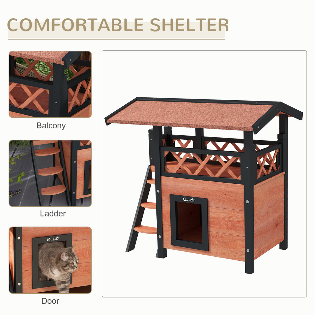 PawHut Outdoor Cat House with Balcony, Stairs & Weatherproof Roof – Brown