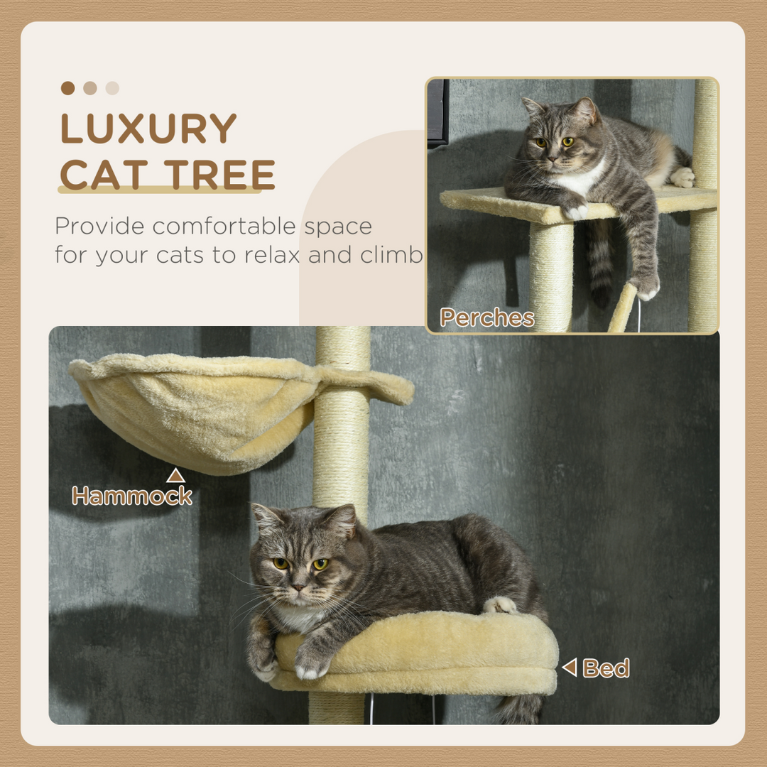 Spacious 6-Tier Cat Tree with Scratching Post & Hammock - Beige