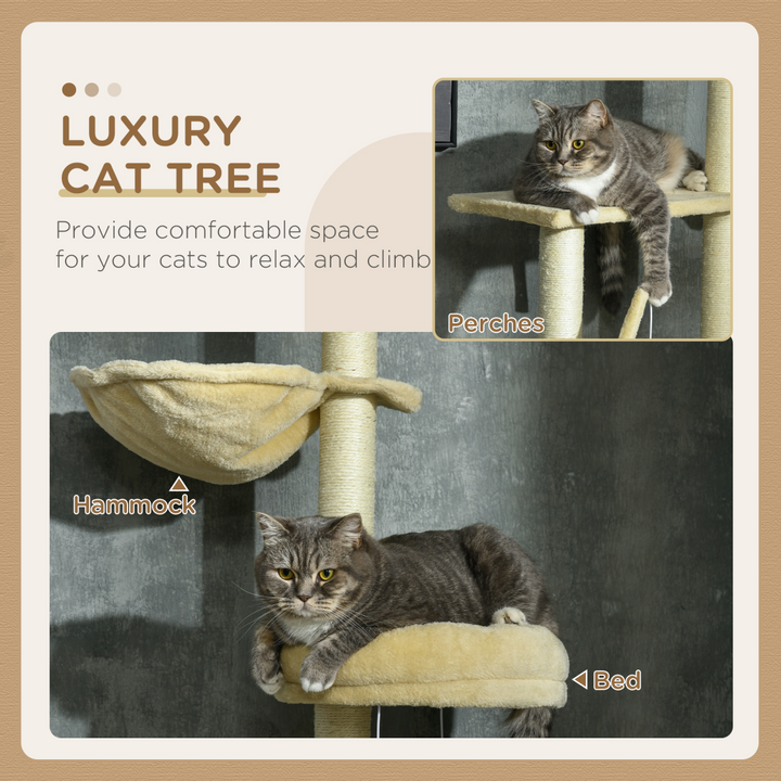 Spacious 6-Tier Cat Tree with Scratching Post & Hammock - Beige