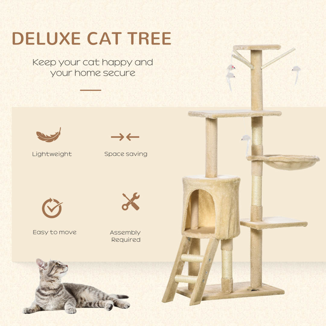 Deluxe Cat Tree Condo: Activity Center with Scratching Post & Toys - Beige 131cm