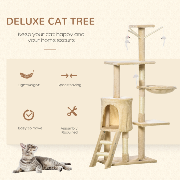 Deluxe Cat Tree Condo: Activity Center with Scratching Post & Toys - Beige 131cm
