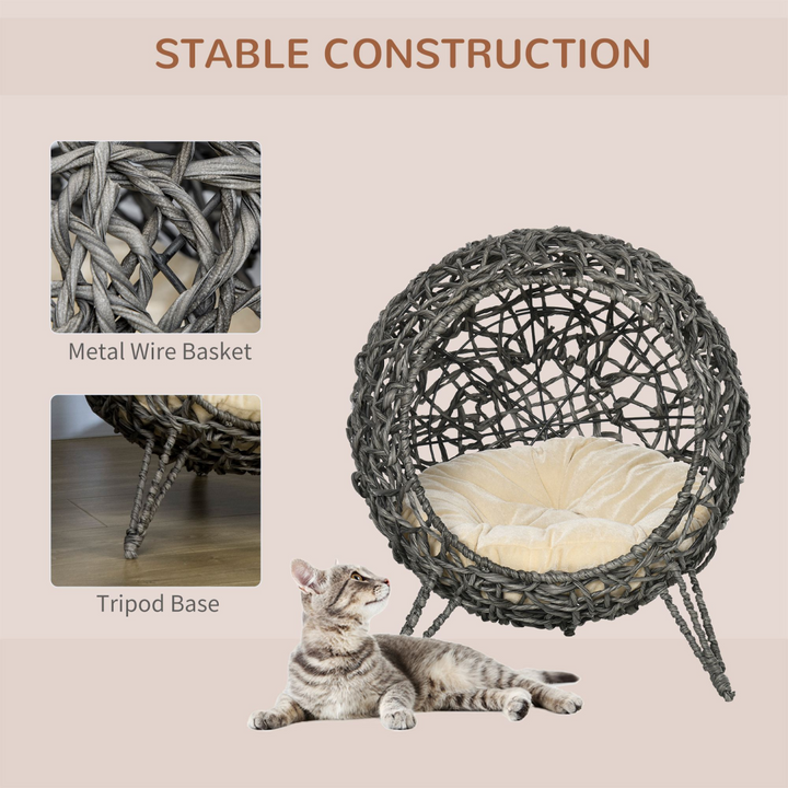 PawHut Rattan Elevated Cat House with Cushion – Silver-Tone & Grey (Ø52cm)