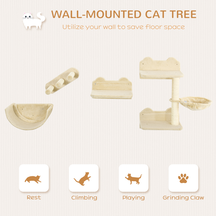 PawHut 4-Piece Wall-Mounted Cat Tree Set with Hammock, Nest & Scratching Post – Beige