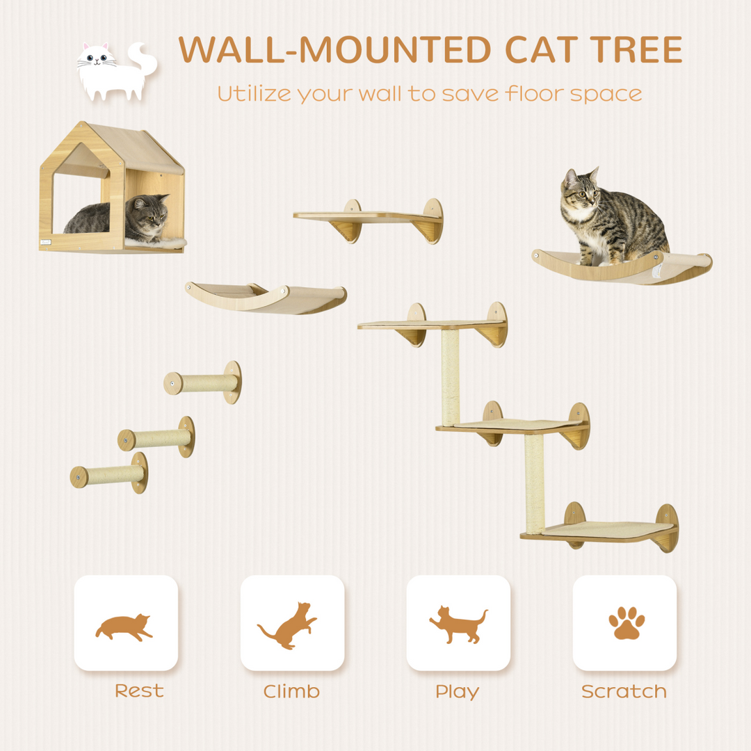 Ultimate 8-Piece Wall-Mounted Cat Furniture Set with Condo, Perches & Scratching Posts – Beige