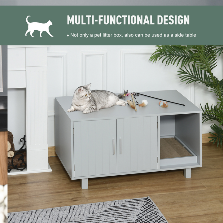 Elegant Cat Box Furniture with Scratch Post & Magnetic Doors - Grey Enclosure