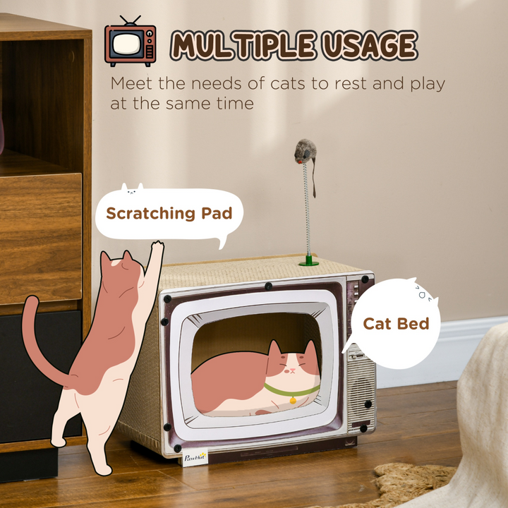 PawHut TV Cat House: Ultimate Scratcher with Catnip & Toy Rat for Feline Fun!
