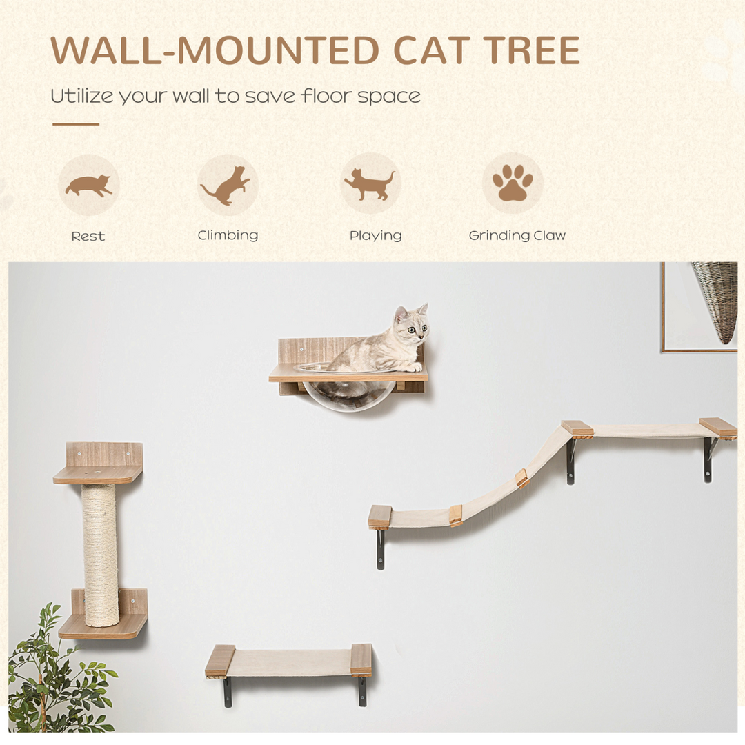 PawHut 4-Piece Wall-Mounted Cat Tree Set with Clear-Bowl Hammock, Scratching Post & Platforms – Natural Wood Finish