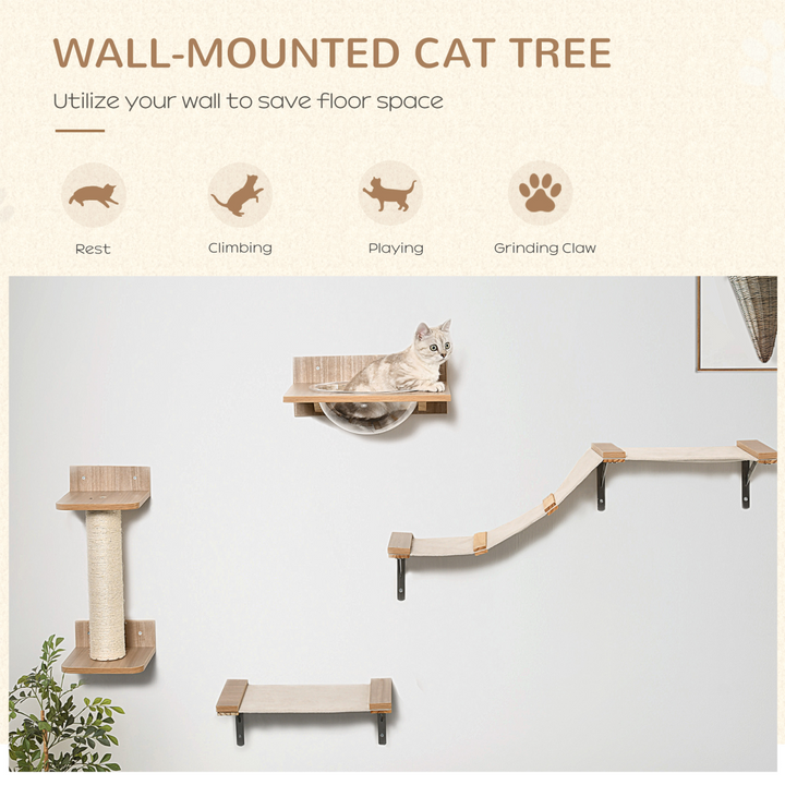 PawHut 4-Piece Wall-Mounted Cat Tree Set with Clear-Bowl Hammock, Scratching Post & Platforms – Natural Wood Finish