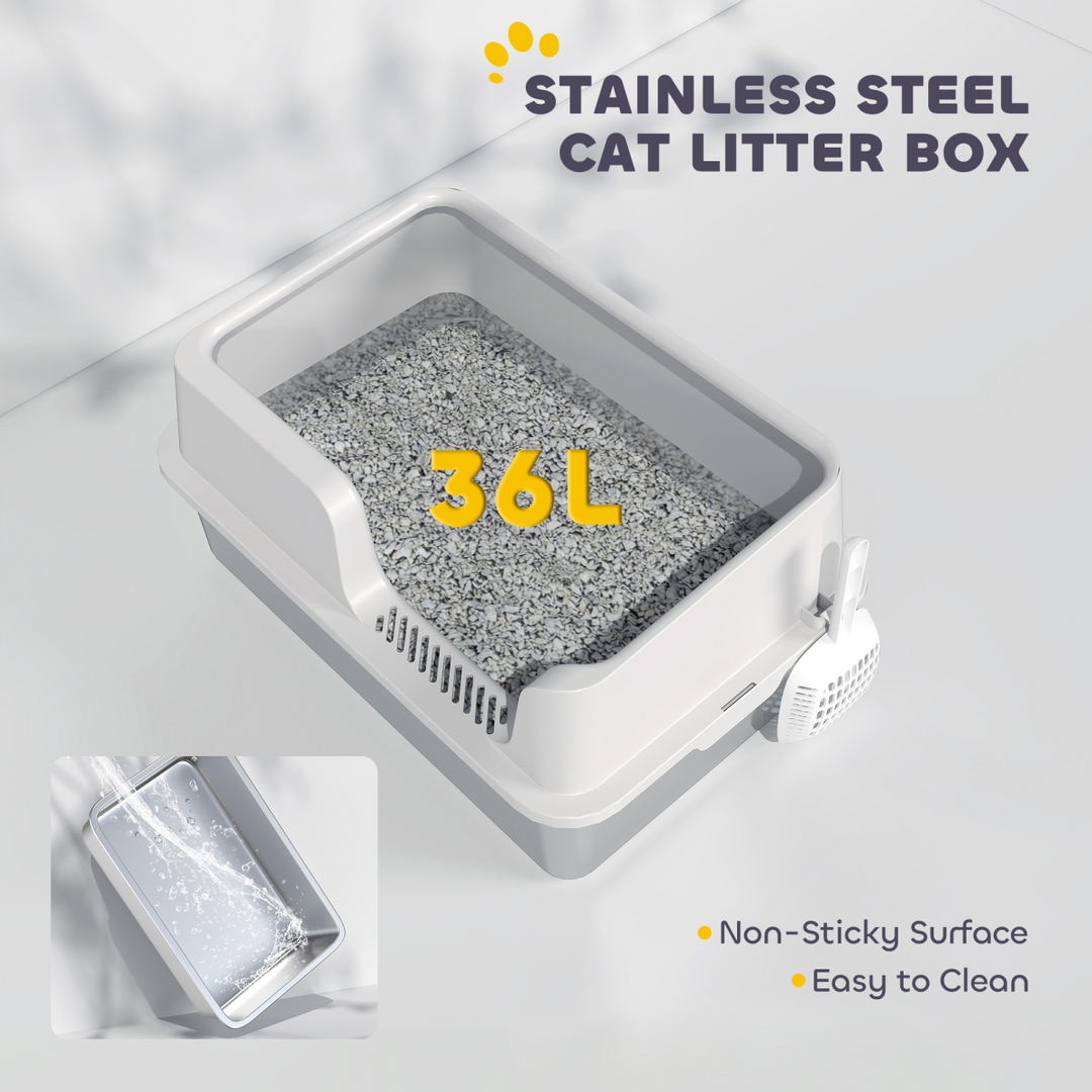 PawHut Stainless Steel Litter Box, High Sided Metal Cat Litter Tray w/ Scoop