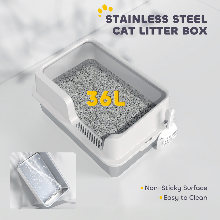 PawHut Stainless Steel Litter Box, High Sided Metal Cat Litter Tray w/ Scoop