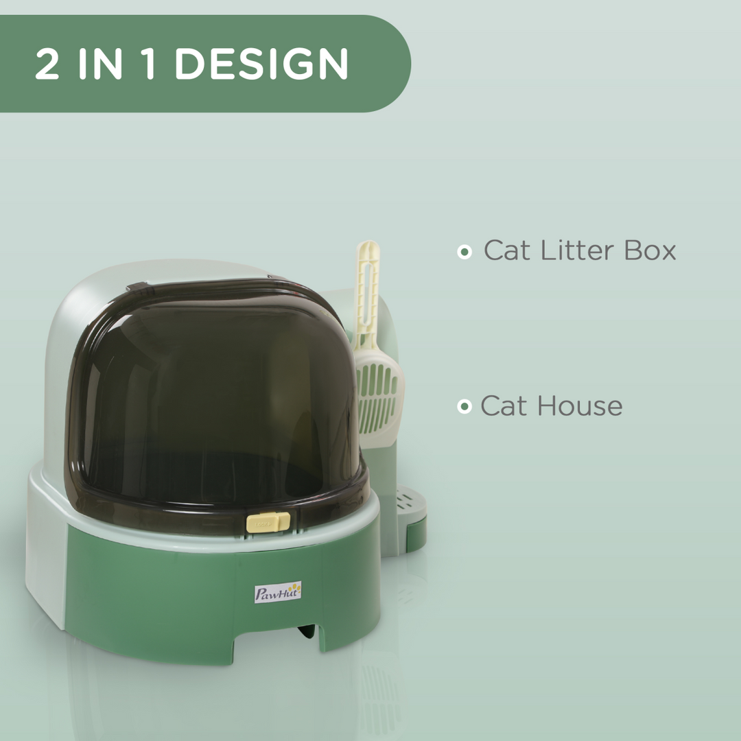 PawHut Chic 2-in-1 Cat Litter Tray with Pull-Out Drawers & Scoop - Green