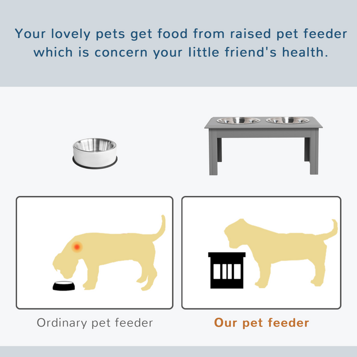 PawHut Raised Dog Bowls Pet Feeder Raised Elevated Stainless Steel Food Grey