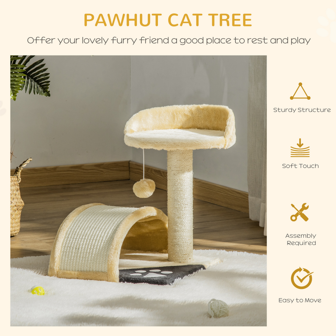 PawHut Cat Tree with Sisal Scratching Posts – Beige Multi-Level Cat Tower with Curved Scratching Board & Toy Ball