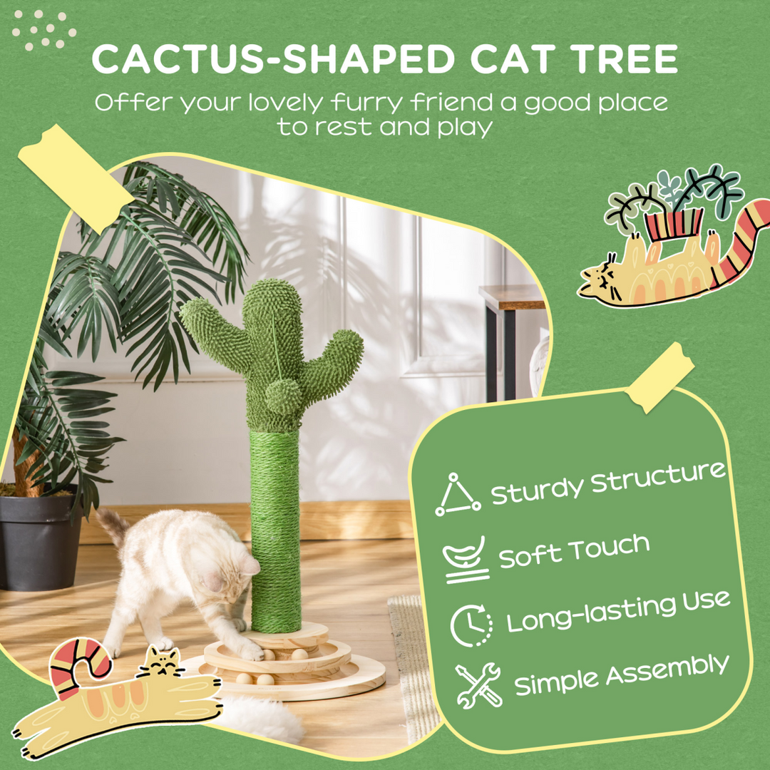 Interactive Cactus Cat Tree with Sisal Scratching Post & Roller Ball Fun