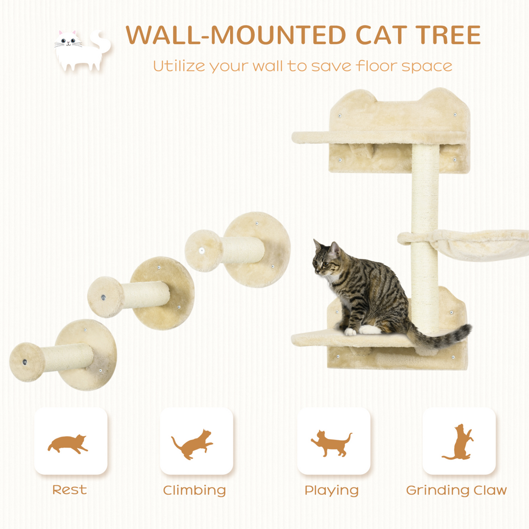 4-Piece Wall-Mounted Cat Tree with Scratching Post & Hammock – Beige Cat Climbing Shelf Set