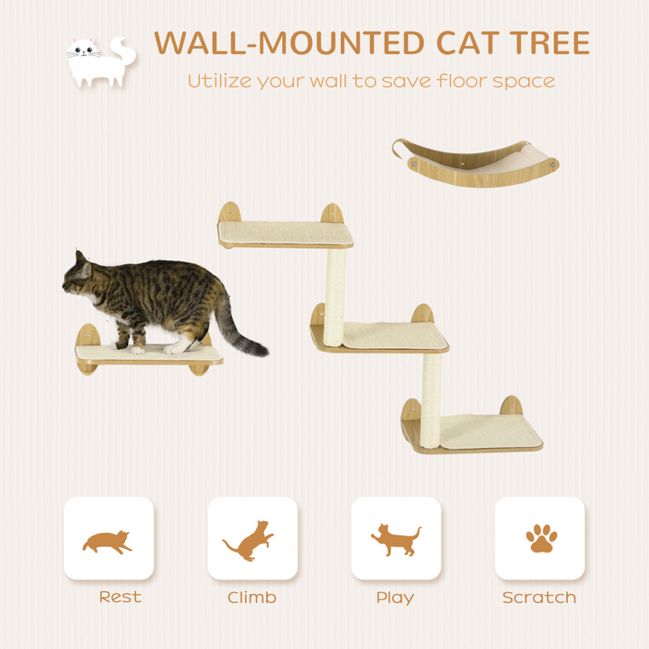 PawHut 3-Piece Wall-Mounted Cat Tree Set with Hammock, Climbing Platforms & Sisal Scratching Posts – Natural Wood Finish