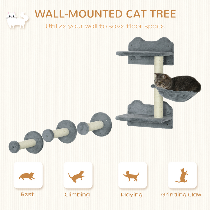 Wall-Mounted Cat Tree with Hammock & Scratching Posts – Space-Saving Cat Shelf for Indoor Cats (Grey)