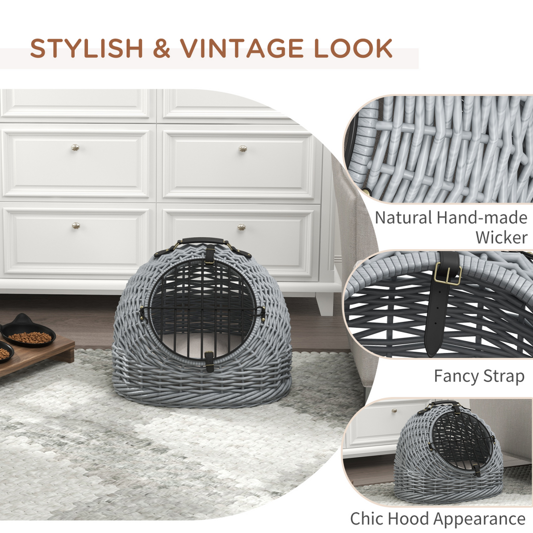 Wicker Cat Basket W/ Mat Handle Kitten Pussy Enclosed Bed Portable - Grey