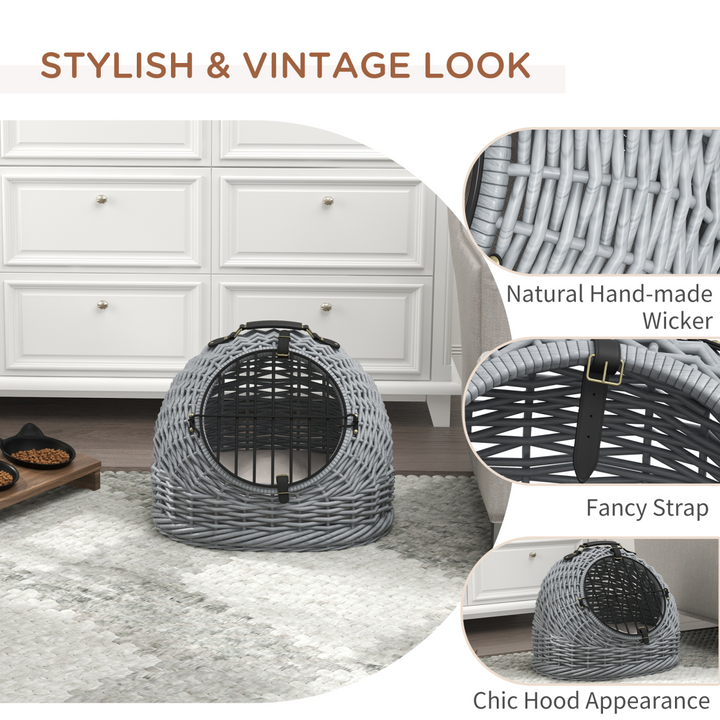 Wicker Cat Basket W/ Mat Handle Kitten Pussy Enclosed Bed Portable - Grey