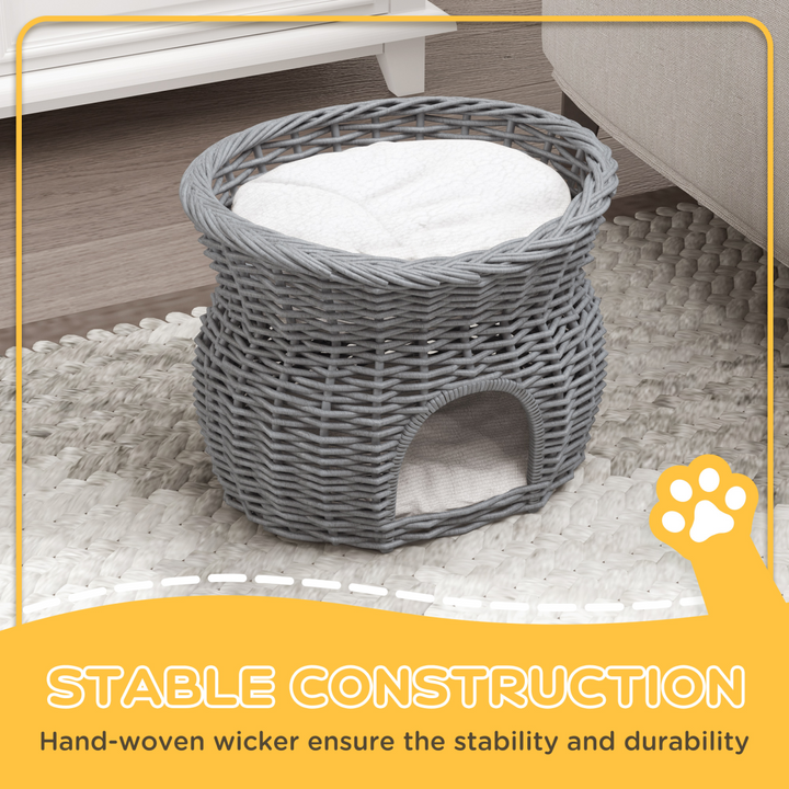 PawHut 2-Tier Elevated Pet Cushion Bed Basket Willow Cat Tree House Condo Kennel