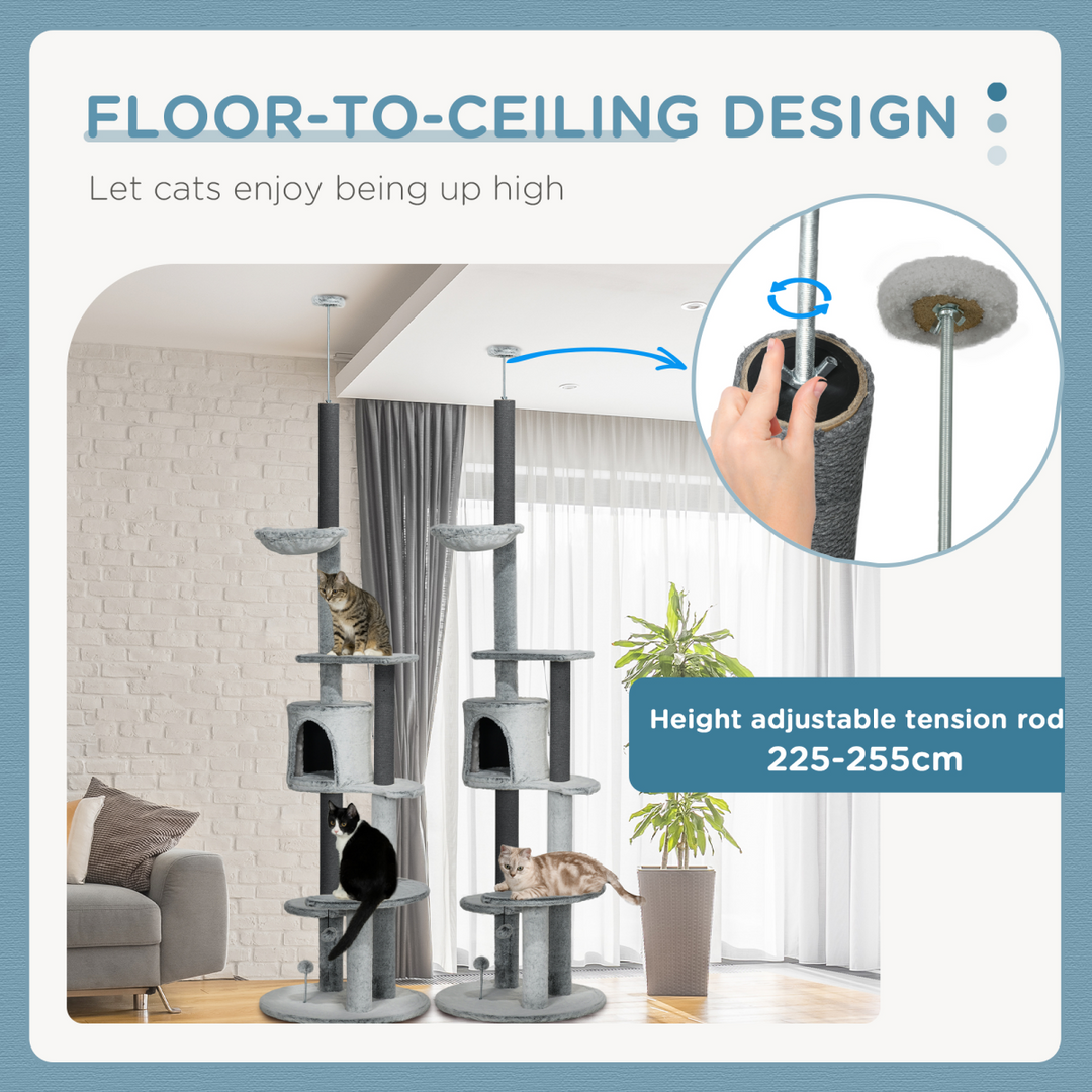 PawHut 255cm Floor-to-Ceiling Cat Tree: Adventure, Comfort & Fun Awaits!