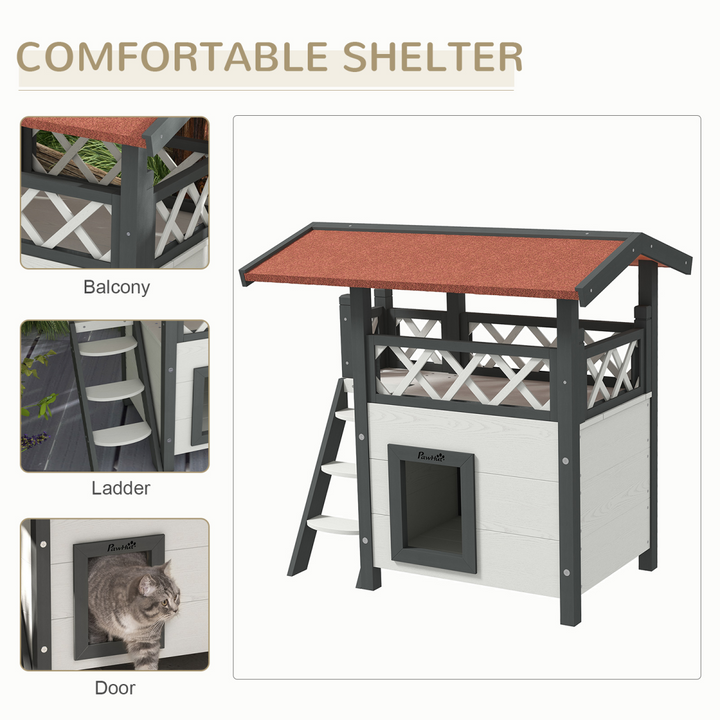 PawHut Outdoor Cat House with Balcony, Stairs & Weatherproof Roof – White