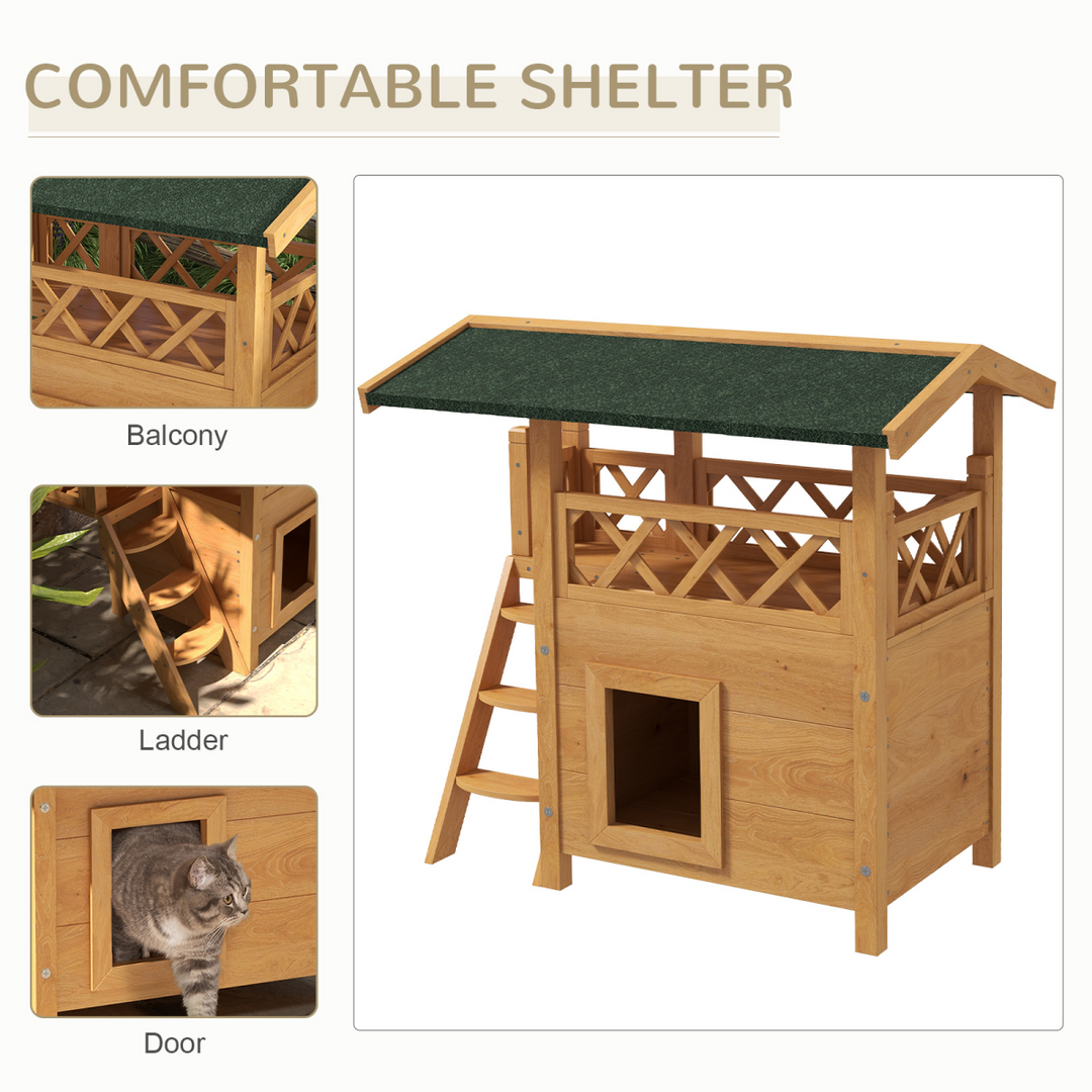 PawHut Cozy Outdoor Cat House with Balcony & Weatherproof Roof