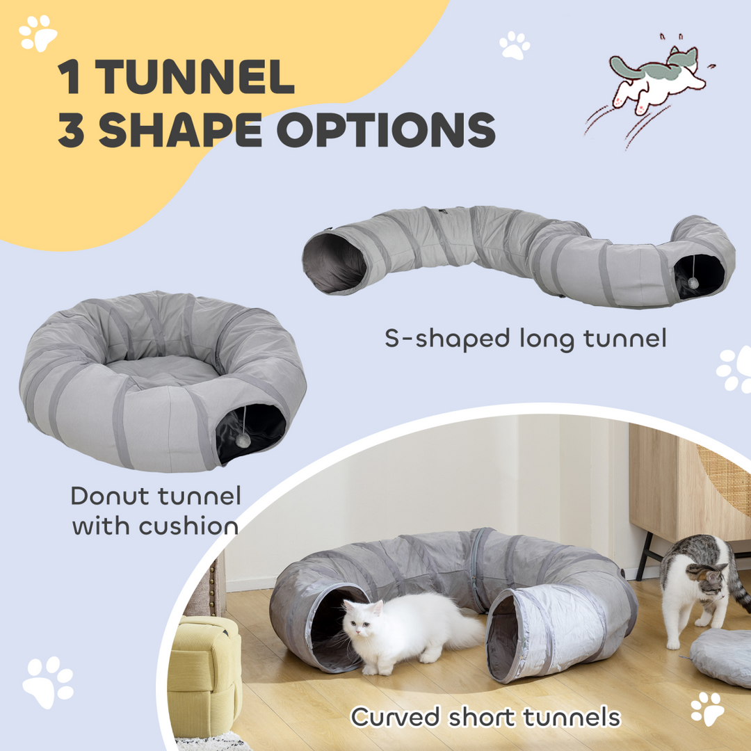 PawHut 2-in-1 Cat Tunnel Bed – Grey Play Tunnel with Washable Cushion