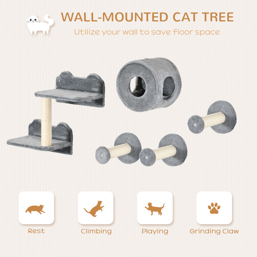 5-Piece Wall-Mounted Cat Tree with Tunnel, Perches & Scratching Posts – Modern Cat Wall Furniture (Grey)