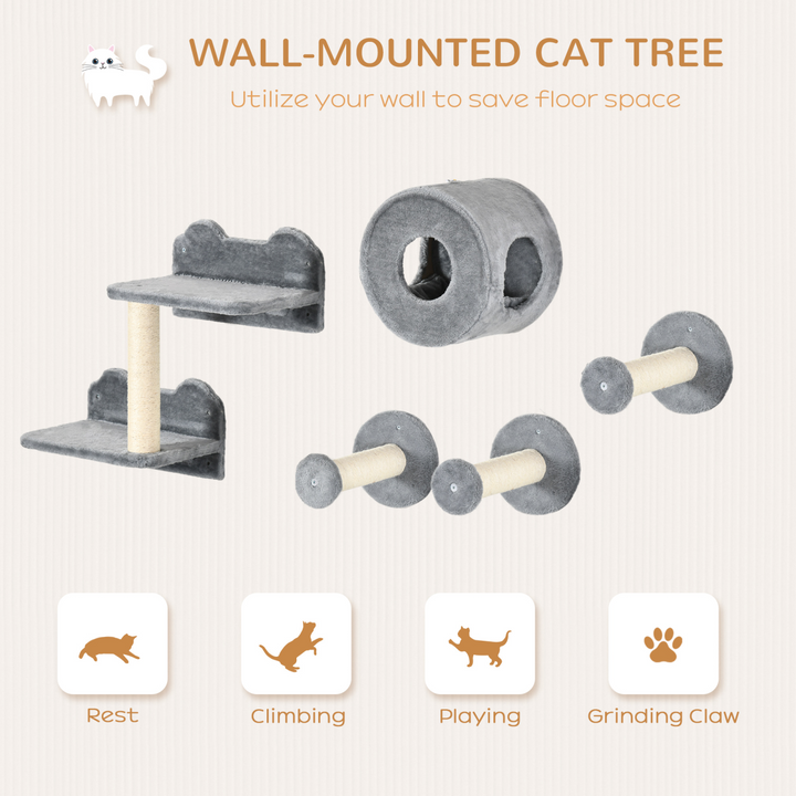 5-Piece Wall-Mounted Cat Tree with Tunnel, Perches & Scratching Posts – Modern Cat Wall Furniture (Grey)