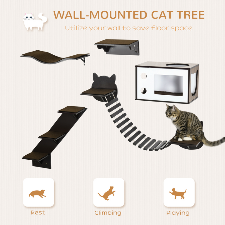 5-Piece Wall-Mounted Cat Shelves Set with Bridge, Steps & Cat House – Modern Wooden Cat Wall Furniture
