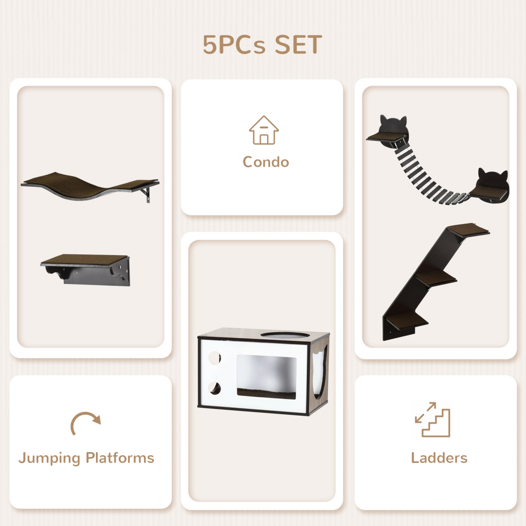 5-Piece Wall-Mounted Cat Shelves Set with Bridge, Steps & Cat House – Modern Wooden Cat Wall Furniture