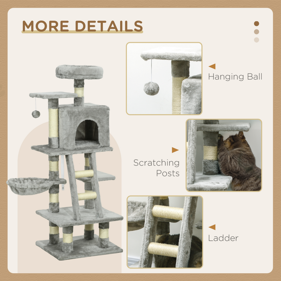 PawHut 132cm Multi-Activity Cat Tree w/ House Baskets Ladder Scratch Post Grey