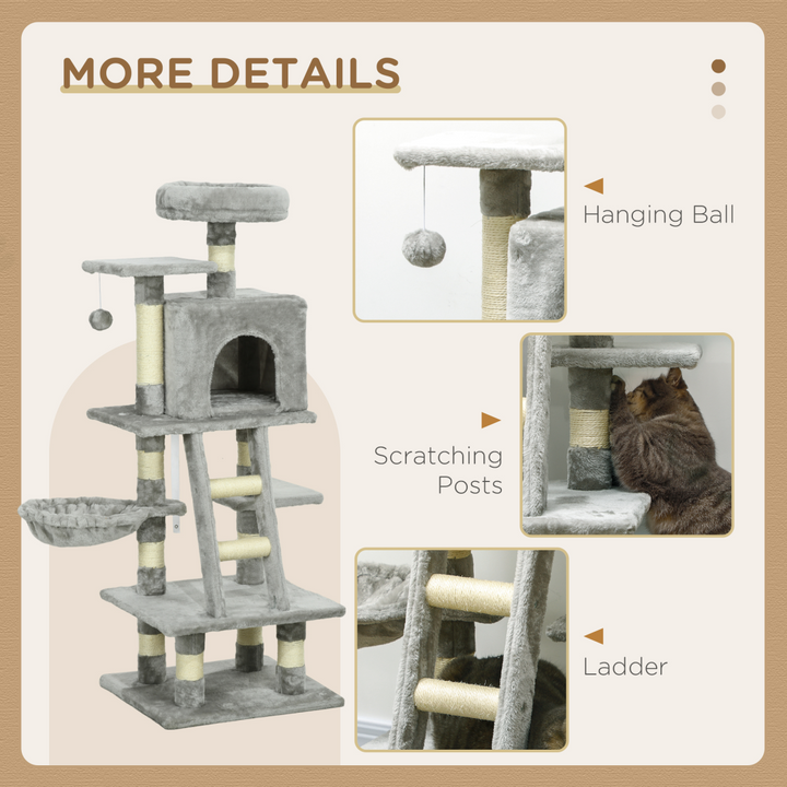 PawHut 132cm Multi-Activity Cat Tree w/ House Baskets Ladder Scratch Post Grey
