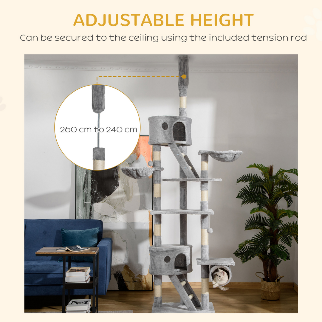 Elevated Adventure: PawHut Adjustable Floor-to-Ceiling Cat Tree - Light Grey