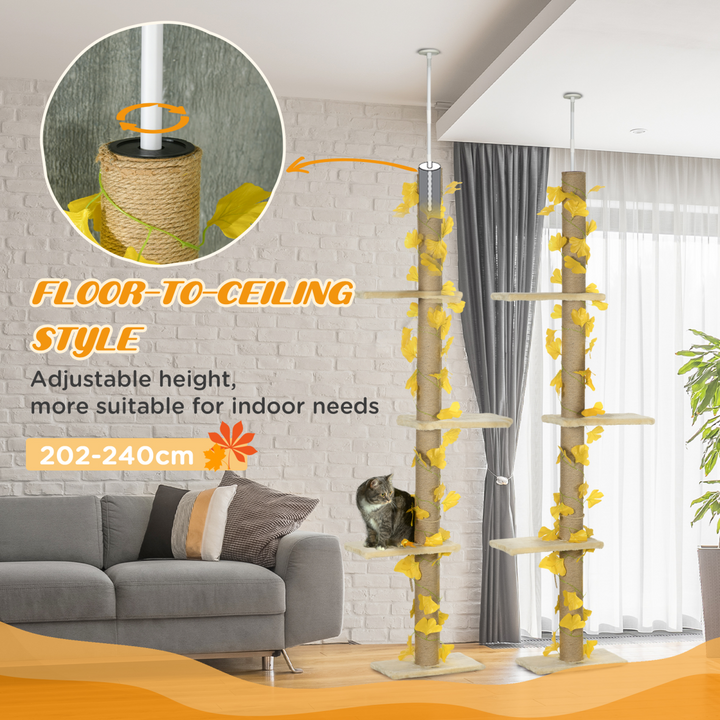 Adjustable 242cm Cat Tree with Jute Scratching Post & Anti-Slip Kit - Yellow