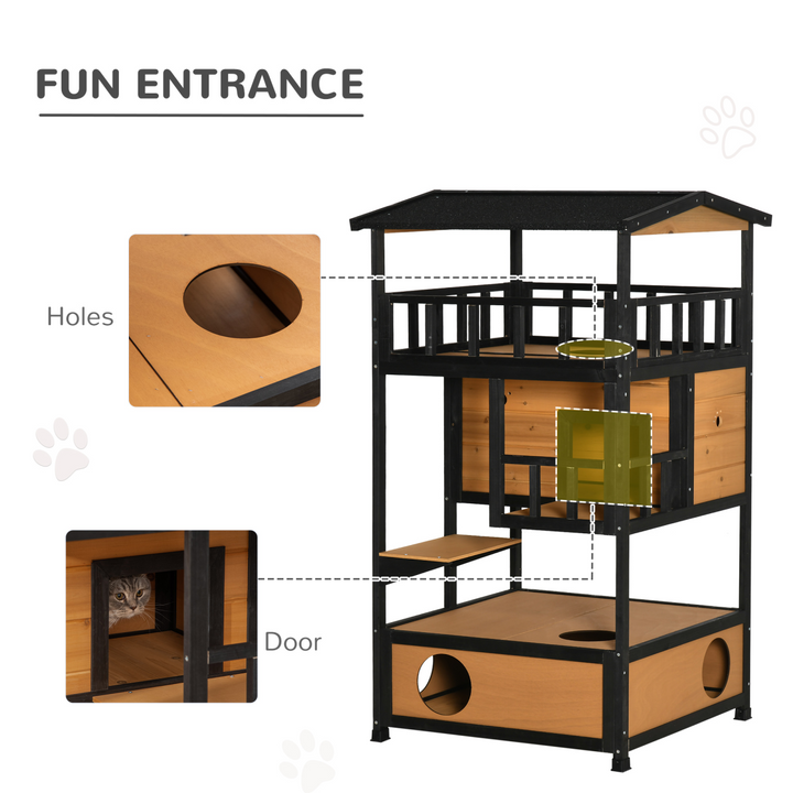 3-Tier Wooden Cat House with Balconies - Outdoor Shelter for Playful Cats
