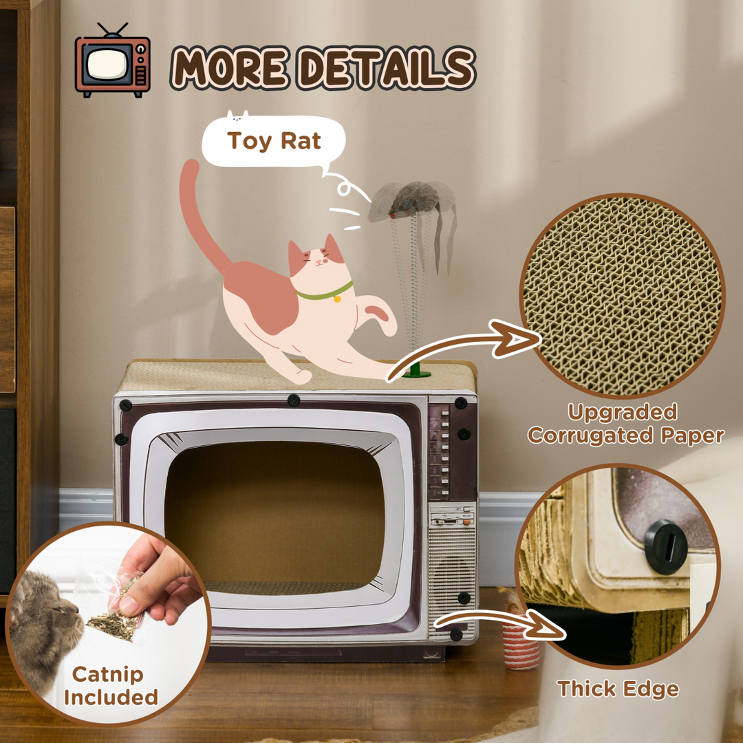 PawHut TV Cat House: Ultimate Scratcher with Catnip & Toy Rat for Feline Fun!