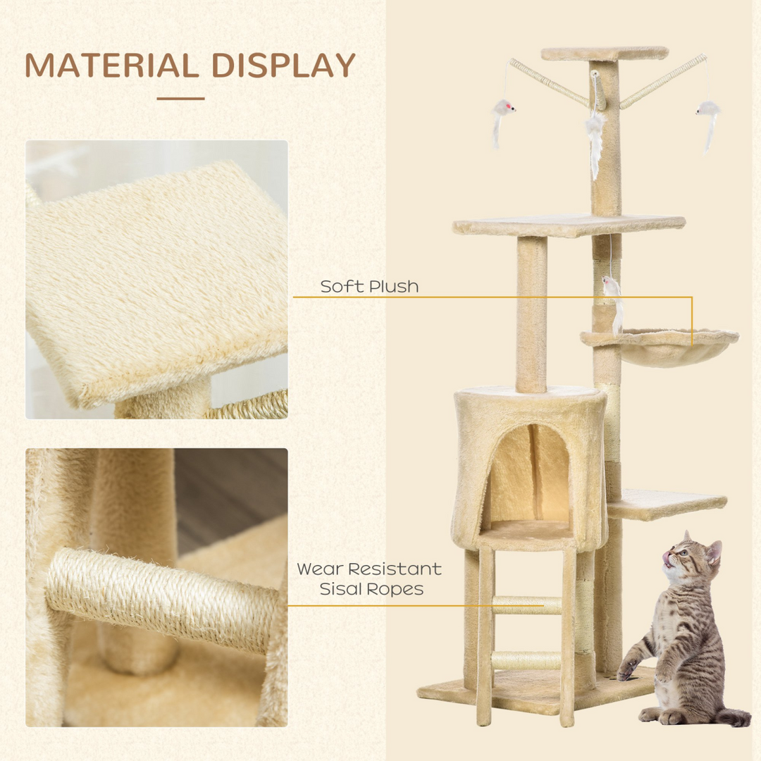 Deluxe Cat Tree Condo: Activity Center with Scratching Post & Toys - Beige 131cm