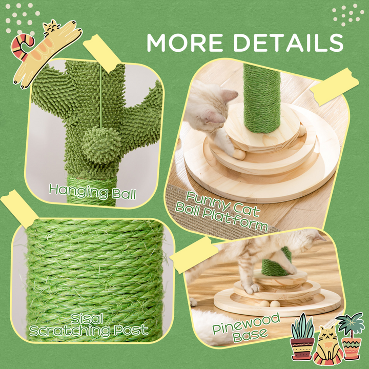 Interactive Cactus Cat Tree with Sisal Scratching Post & Roller Ball Fun