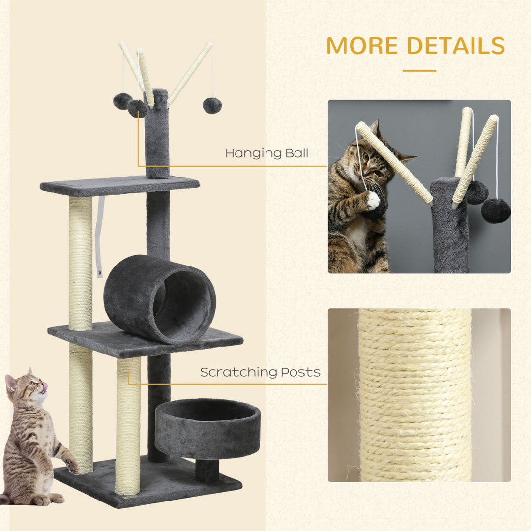 Deluxe 121cm Cat Tree Tower: Scratching Posts, Bed, Tunnel & Perch - Grey