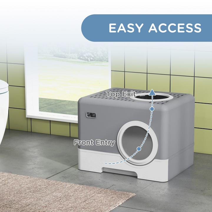 PawHut Enclosed Cat Litter Box - Front Entry, Top Exit, Easy Clean, Grey