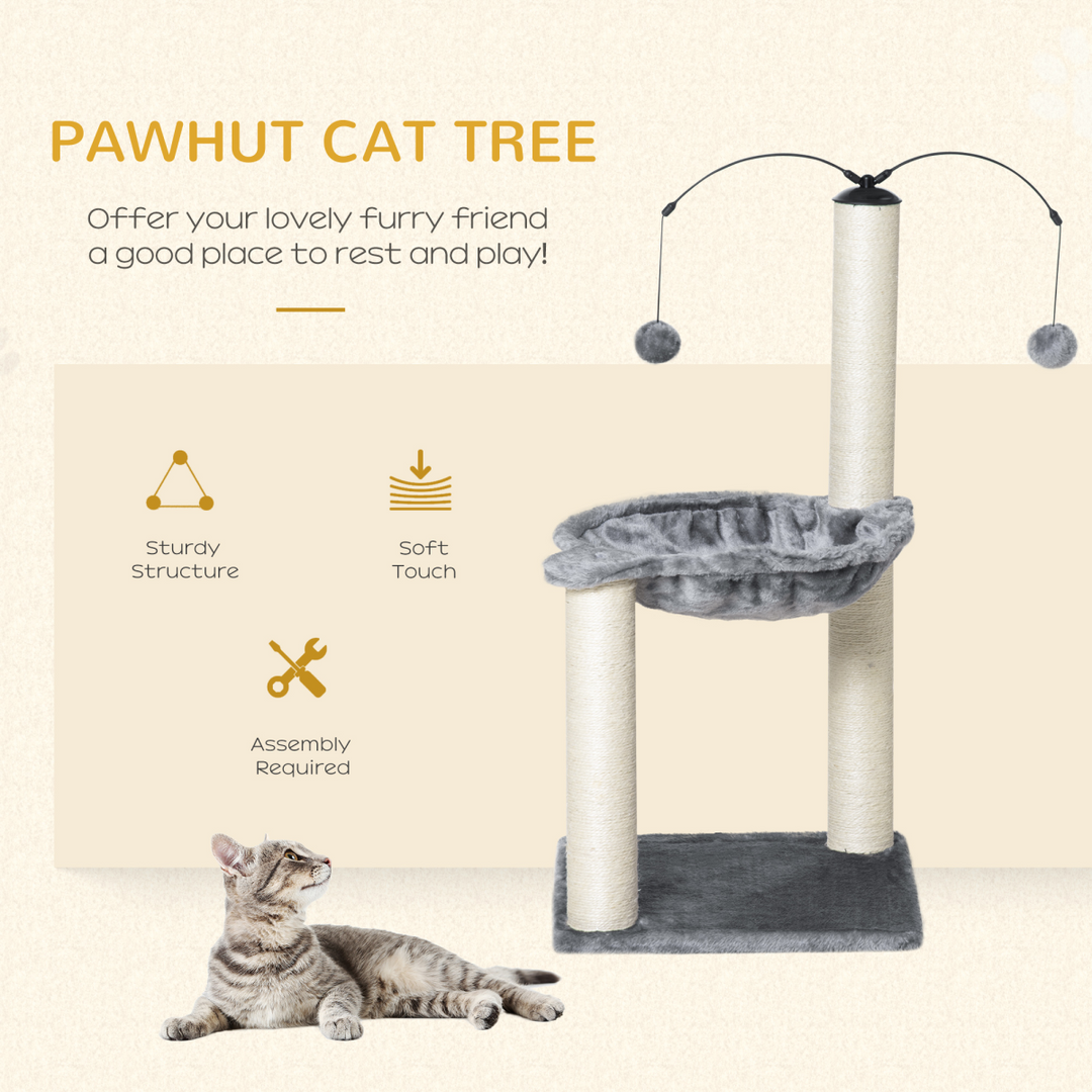 Stylish Cat Tree Tower with Scratching Post, Hammock & Toy Balls - Grey