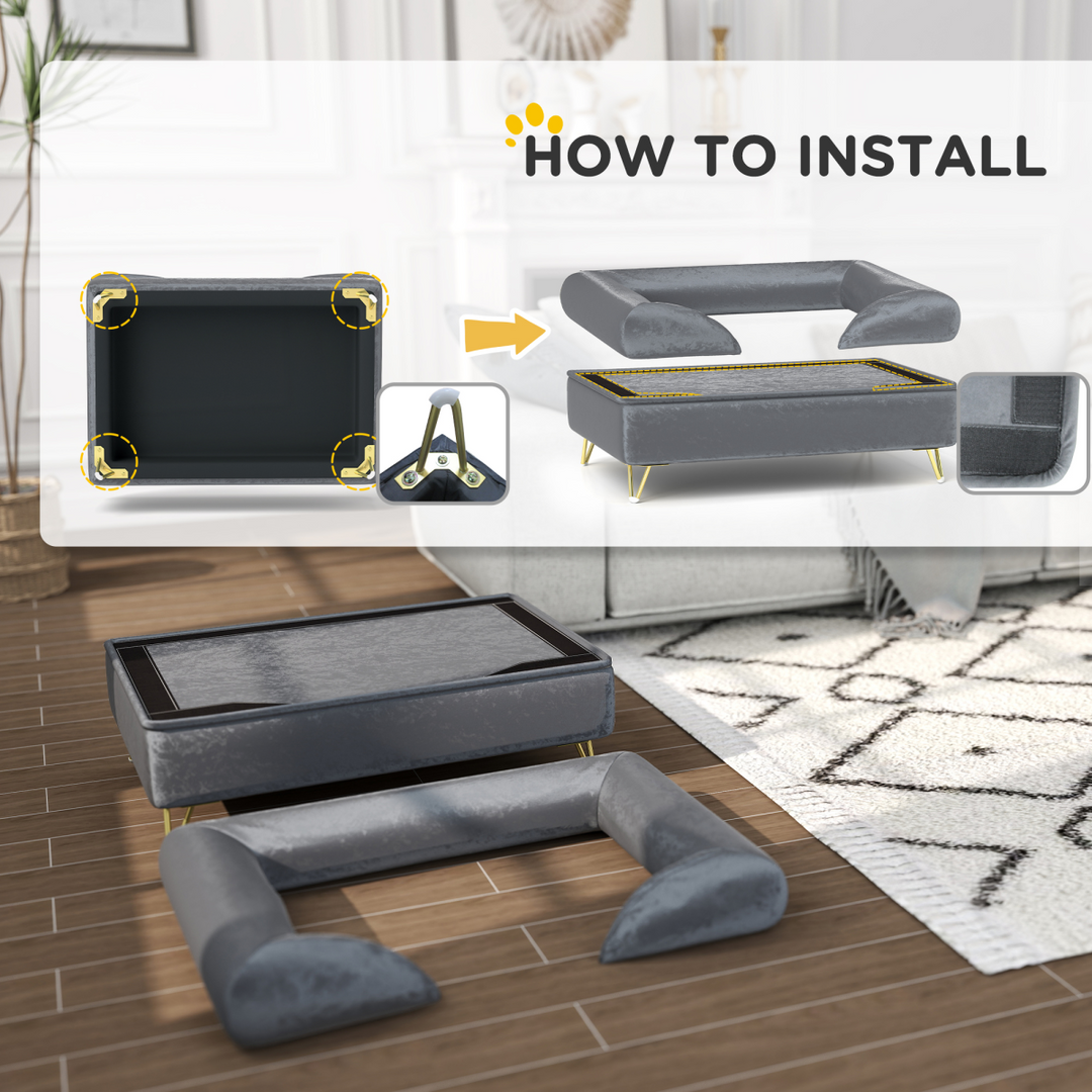 PawHut Luxurious Grey Dog Sofa with Removable Washable Cover & Cushioned Comfort