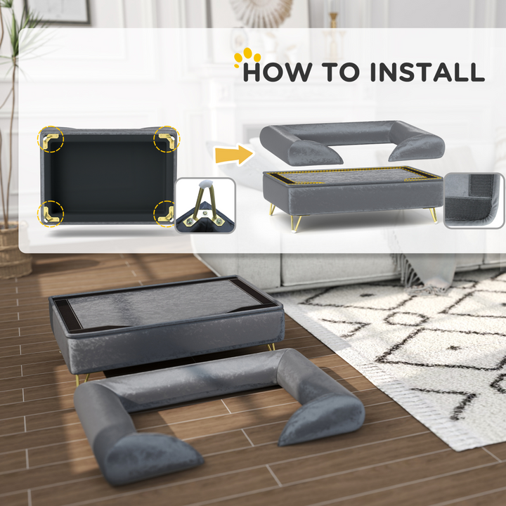 PawHut Luxurious Grey Dog Sofa with Removable Washable Cover & Cushioned Comfort