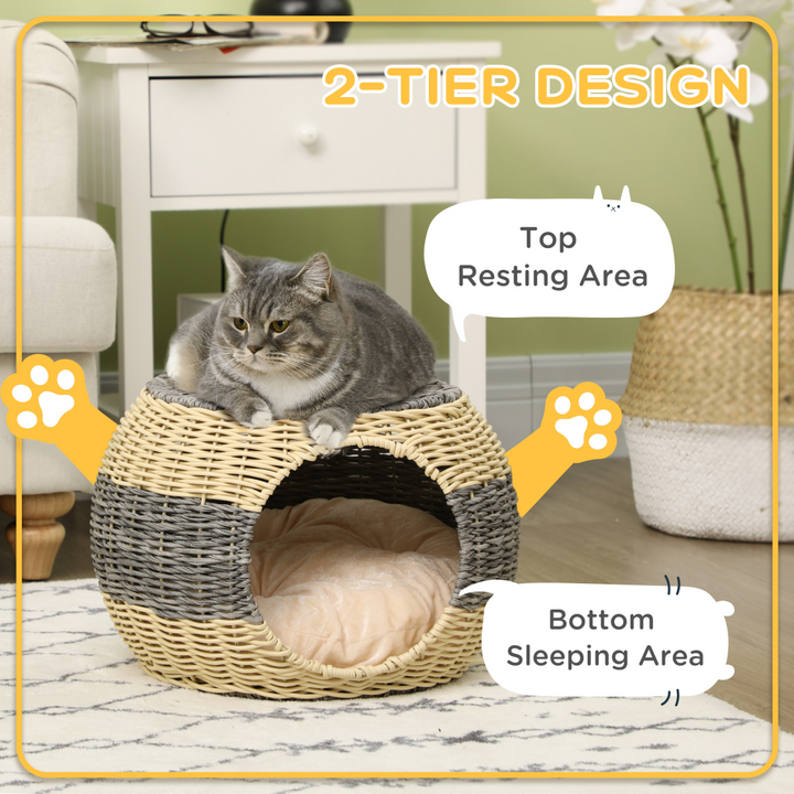 PawHut Wicker Cat House, Rattan Raised Cat Bed with Soft Cushion – Compact Design