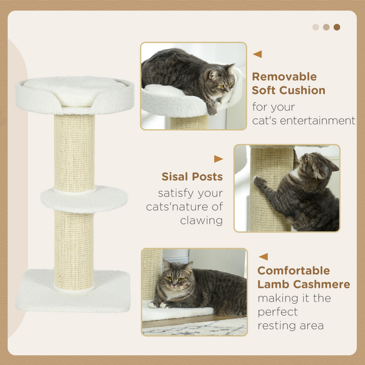 PawHut 2-Tier Cat Tree: Plush Basket & Sisal Scratch Post - Cream White