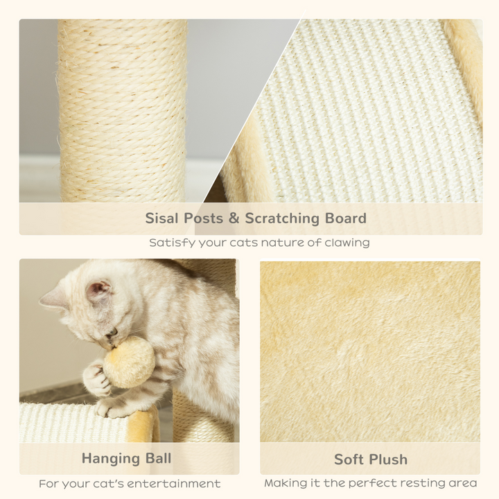 PawHut Cat Tree with Sisal Scratching Posts – Beige Multi-Level Cat Tower with Curved Scratching Board & Toy Ball
